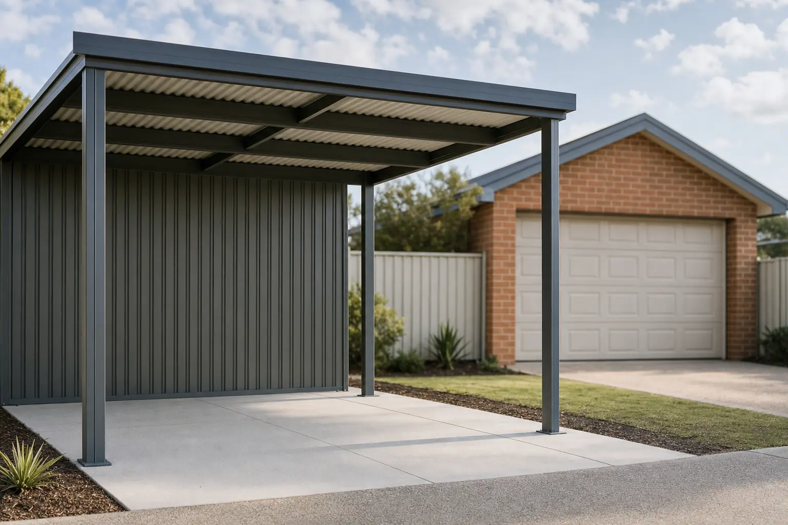 Colorbond carport in the foreground and a brick garage softly out of focus in the background on a typical Perth suburban block