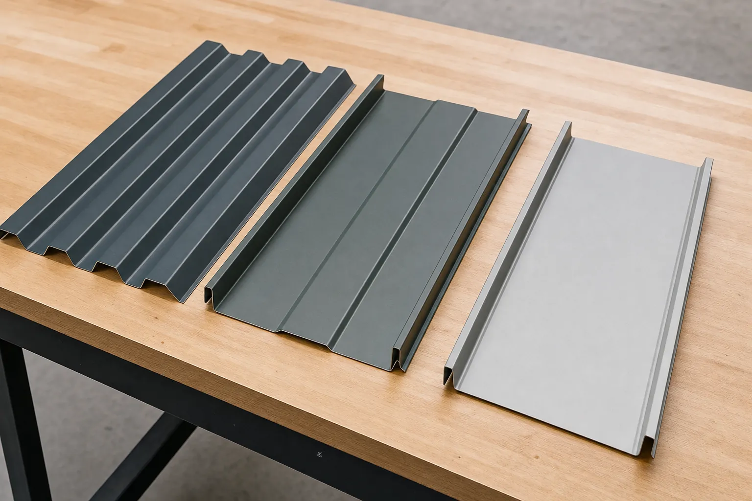 Three Colorbond roof profile samples displayed side by side on a clean workbench showing trimdek and klip-lok ribbing patterns